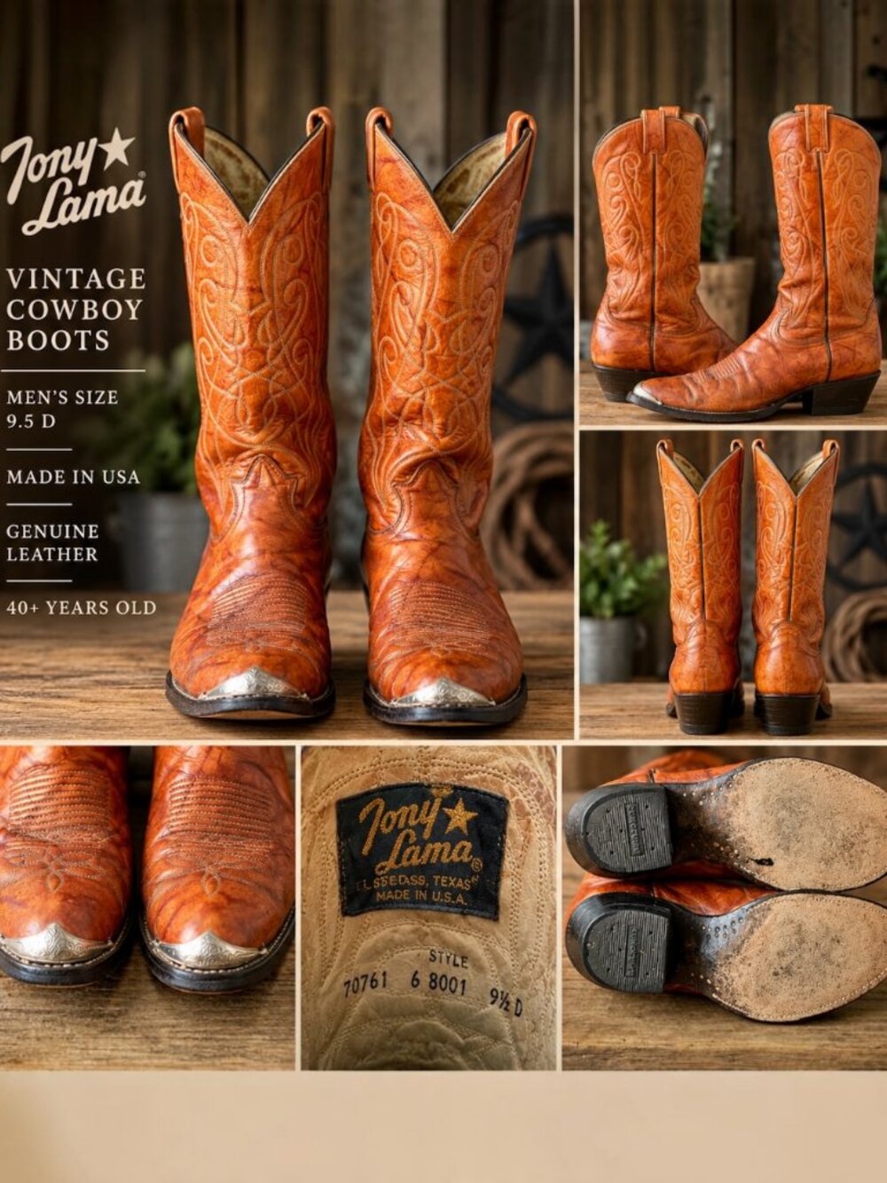 Vintage Tony Lama Cognac Brown Leather Cowboy Boots – Men's 9.5 D – USA Made